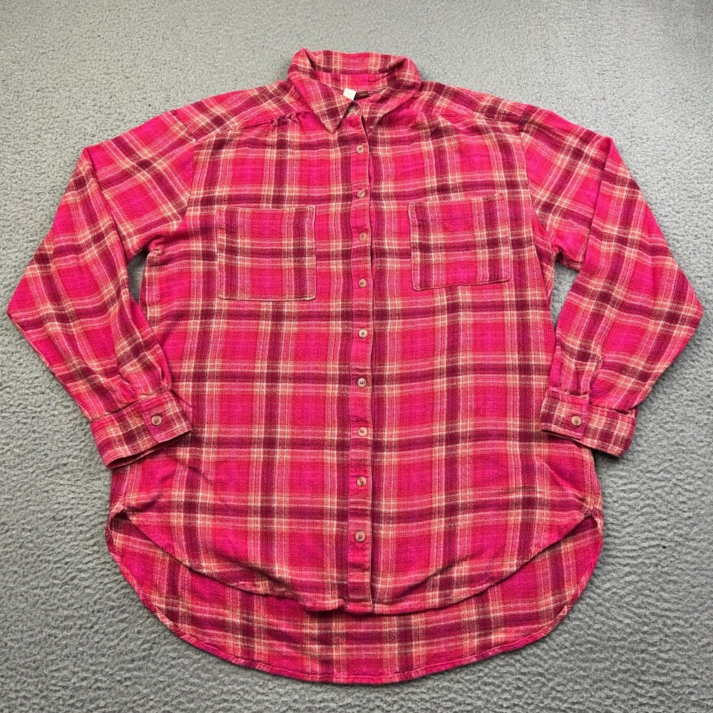 Pilcro Shirt Womens L Pink Plaid Button Down Relaxed Oversized Flannel Boho
